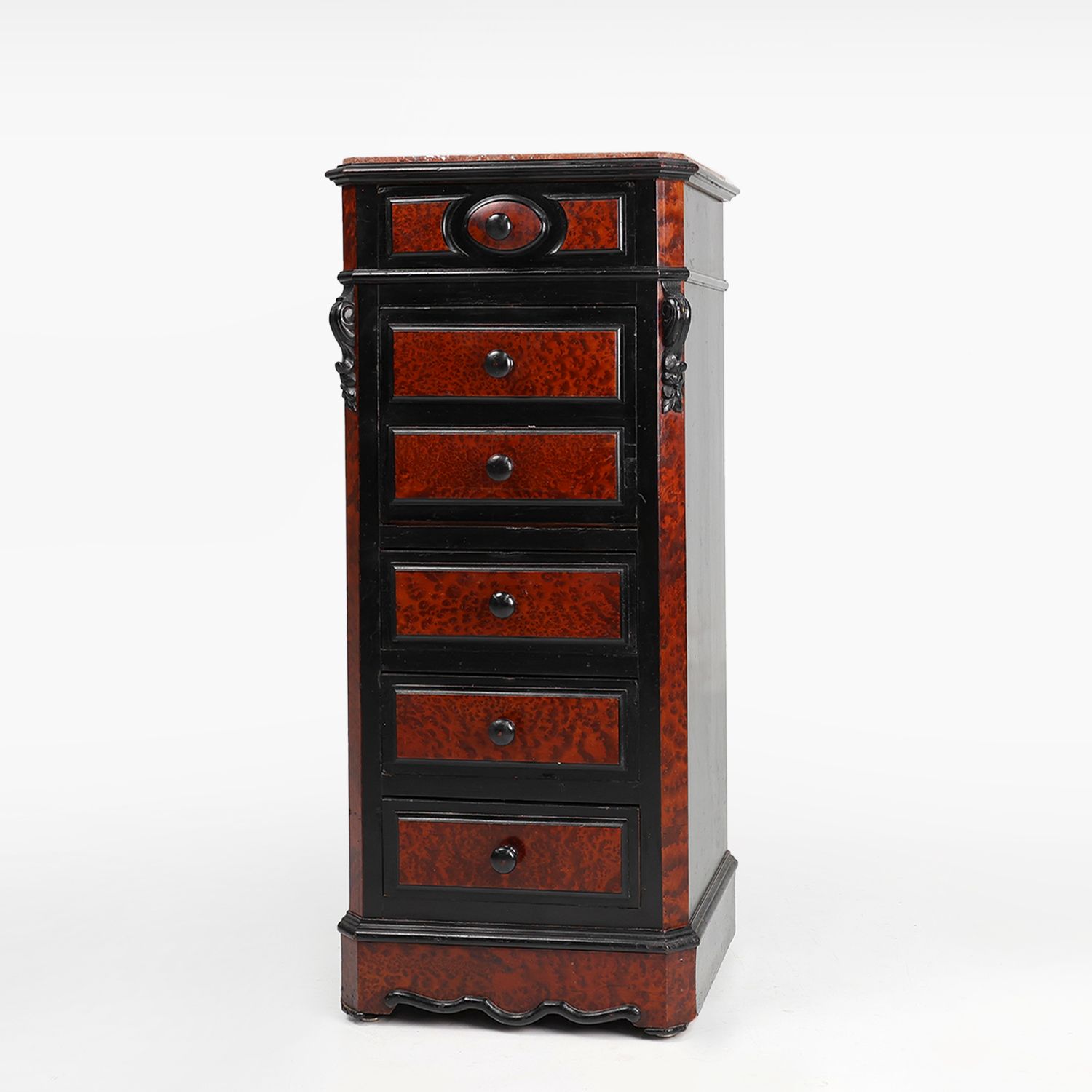 Rare Antique French chest of drawers in wood, burl veneer and marble, ca. 1850-img